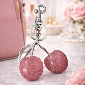 Pink Cherry Glitter  Bag Charm & Keychain Silver Hardware Cute Bag Accessory NEW